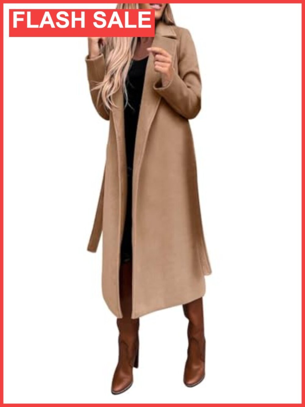 Wool Blend Long Pea Coat Notched Collar Open Front Belted Trench Coat